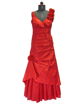 farbige Brautmode-Brautkleid aus Seidentaft in rot. Korsage mit Blüten verziert und Unterrock aus Seidenorganza